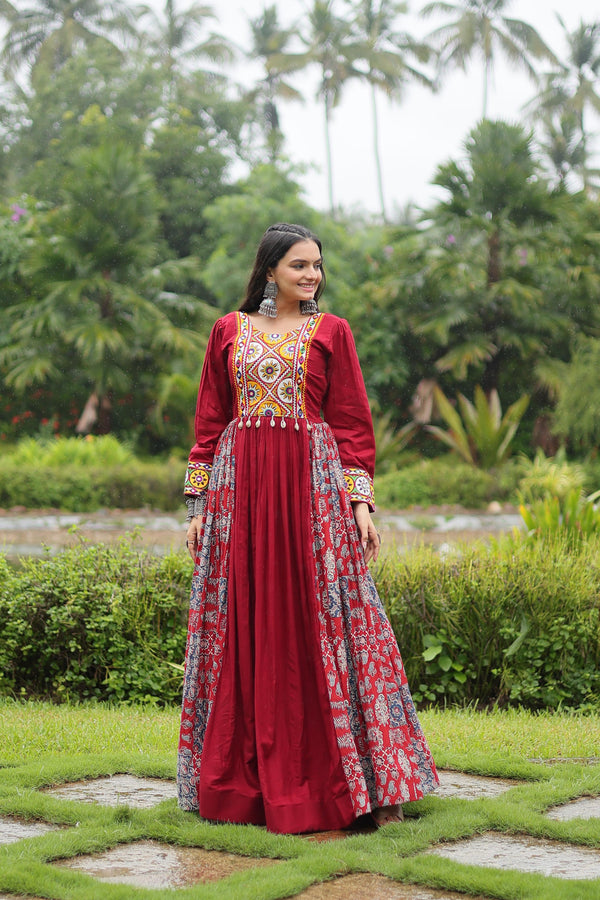 Lorenvalley Maroon Rayon Contrast of Printed with Kutchi Gamthi work Gown
