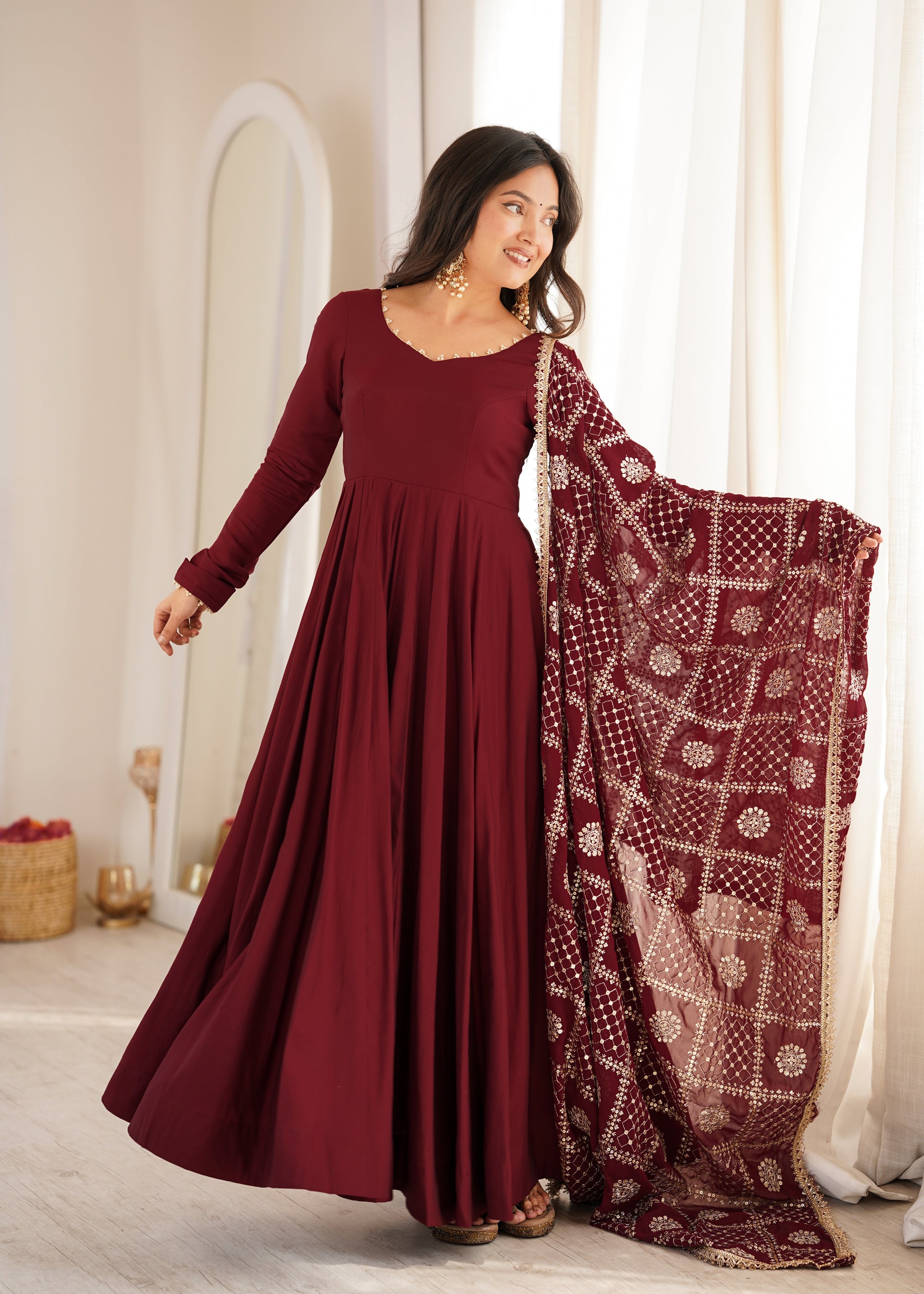 Lorenvalley Fashion Maroon Roman Chanderi Silk 16 Kali Anarkali Gown Pants with Dupatta - Dista