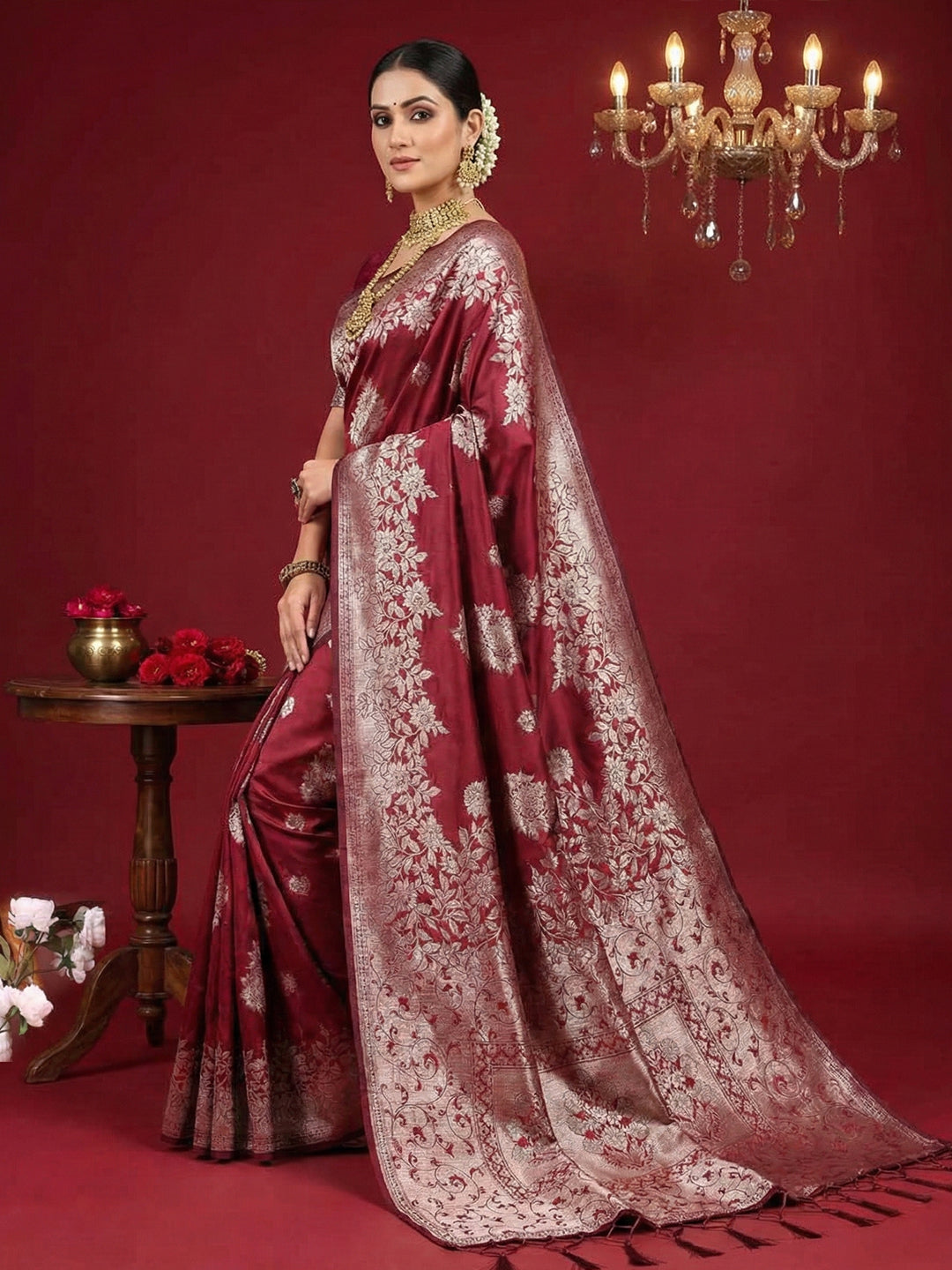 Anaita Maroon Silk Blend Woven Saree With Blouse - Distacart