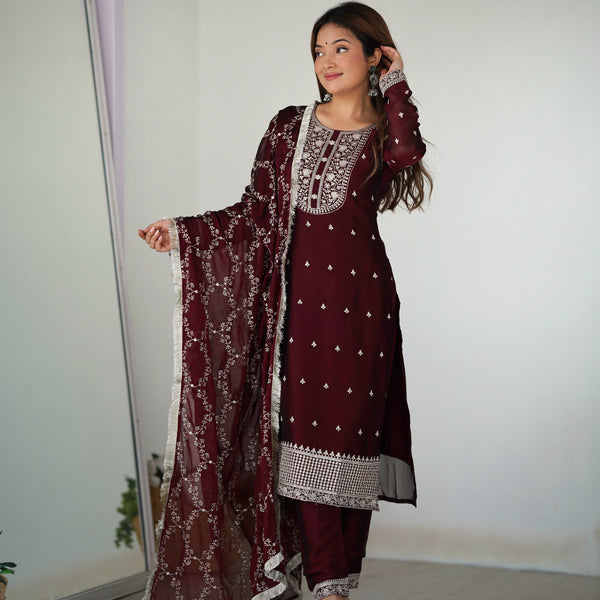Lorenvalley Maroon Rangoli Silk Embroidery Sequence And Thread Work Kurta Trousers with Dupatta Set - Distacart