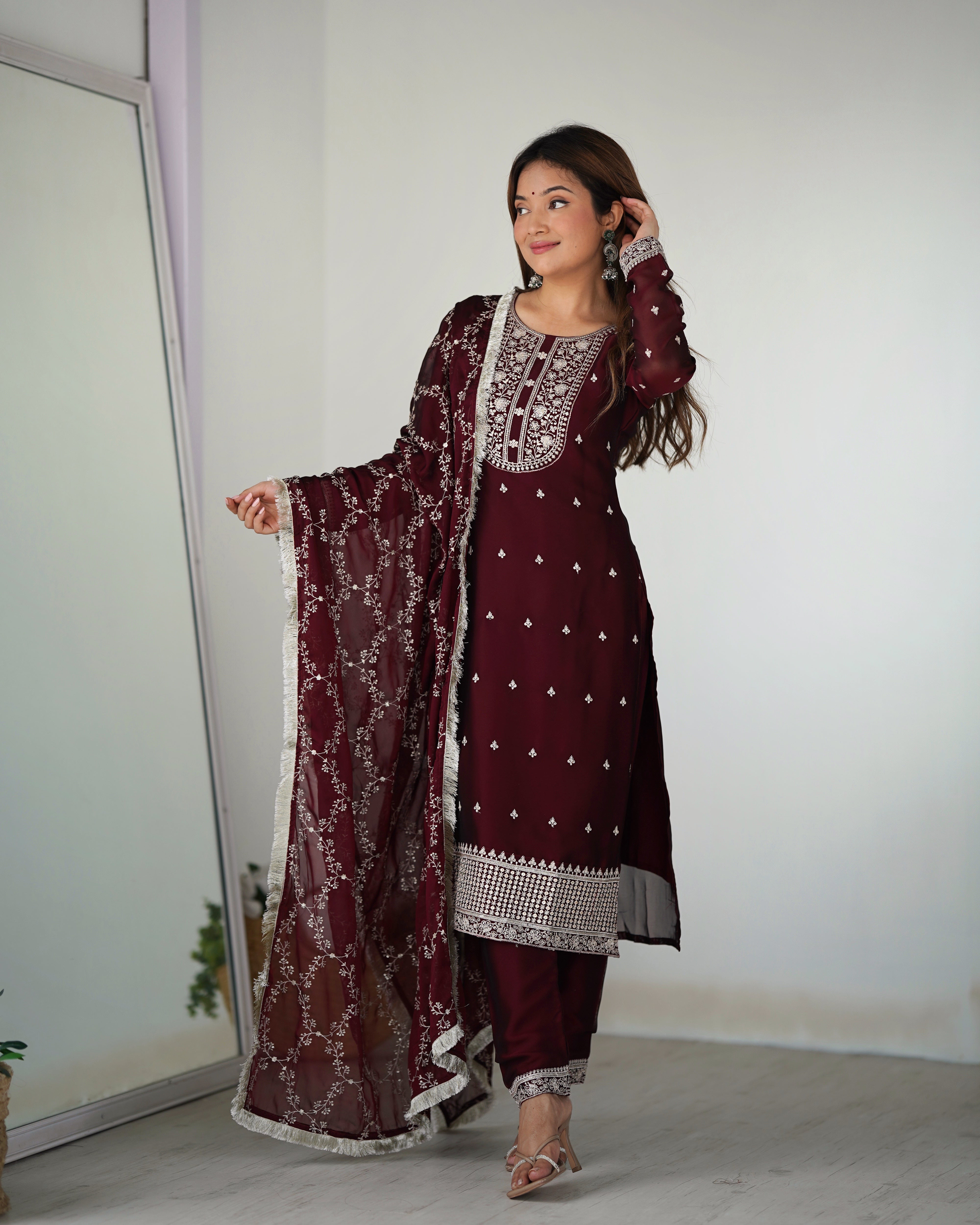 Lorenvalley Maroon Rangoli Silk Embroidery Sequence And Thread Work Kurta Trousers with Dupatta Set - Distacart