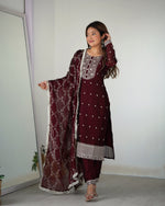 Thumbnail for Lorenvalley Maroon Rangoli Silk Embroidery Sequence And Thread Work Kurta Trousers with Dupatta Set - Distacart