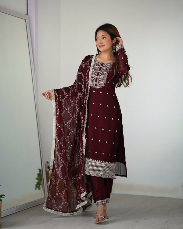 Lorenvalley Maroon Rangoli Silk Embroidery Sequence And Thread Work Kurta Trousers with Dupatta Set - Distacart