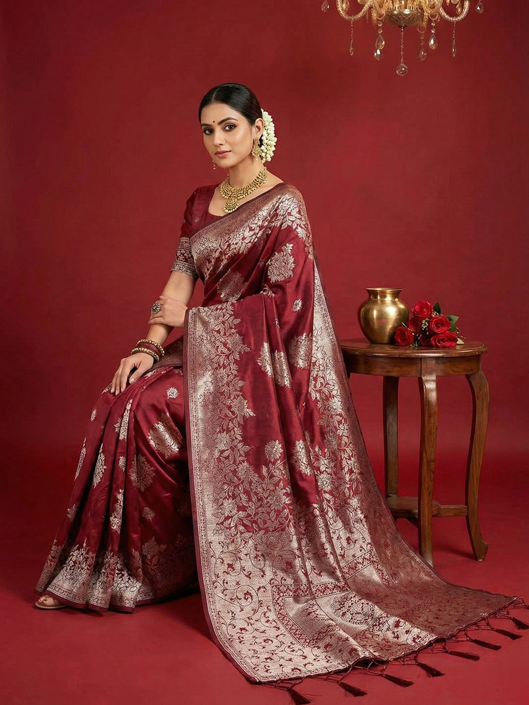 Anaita Maroon Silk Blend Woven Saree With Blouse - Distacart