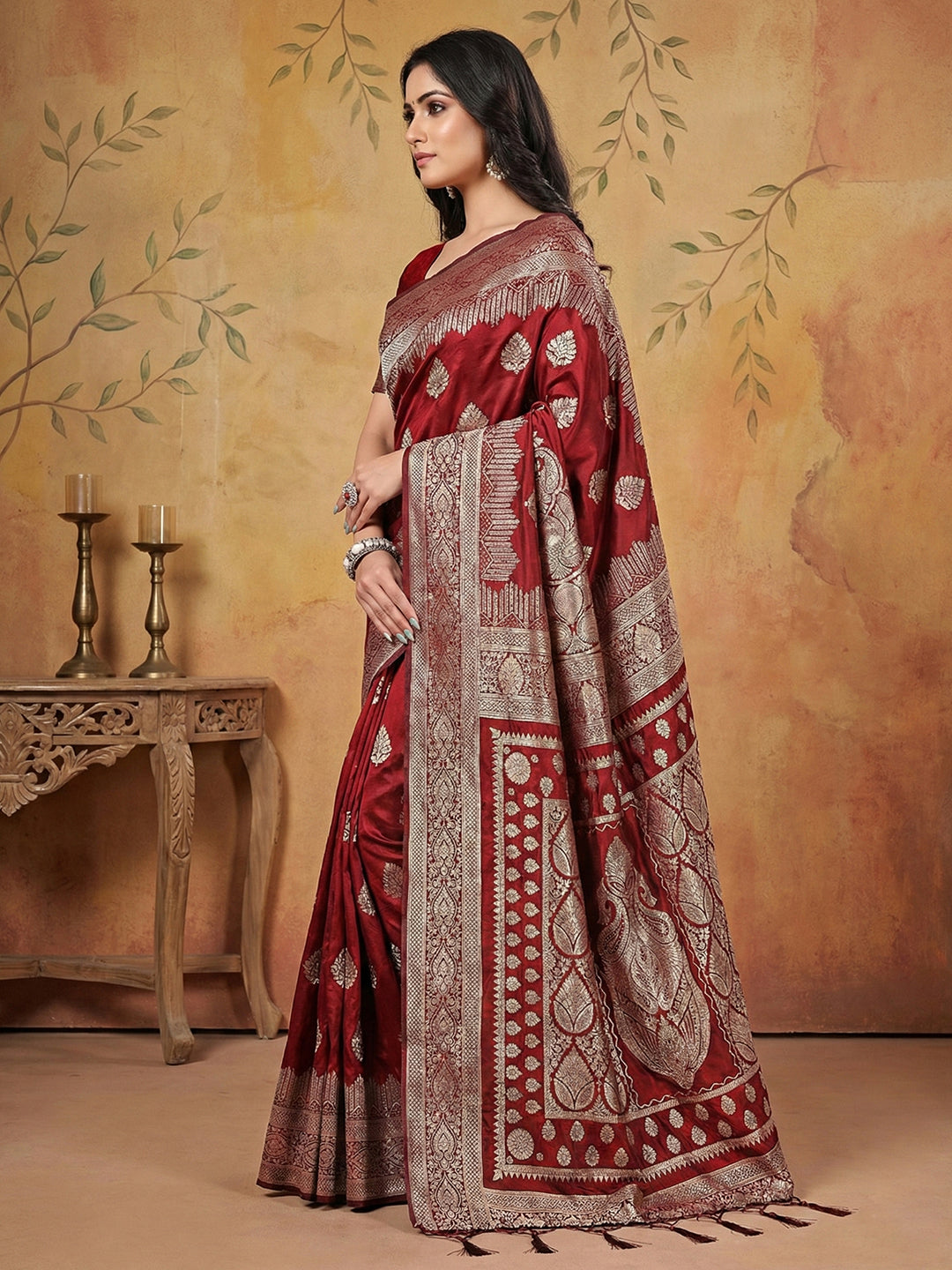 Anaita Maroon Silk Blend Woven Saree With Blouse - Distacart