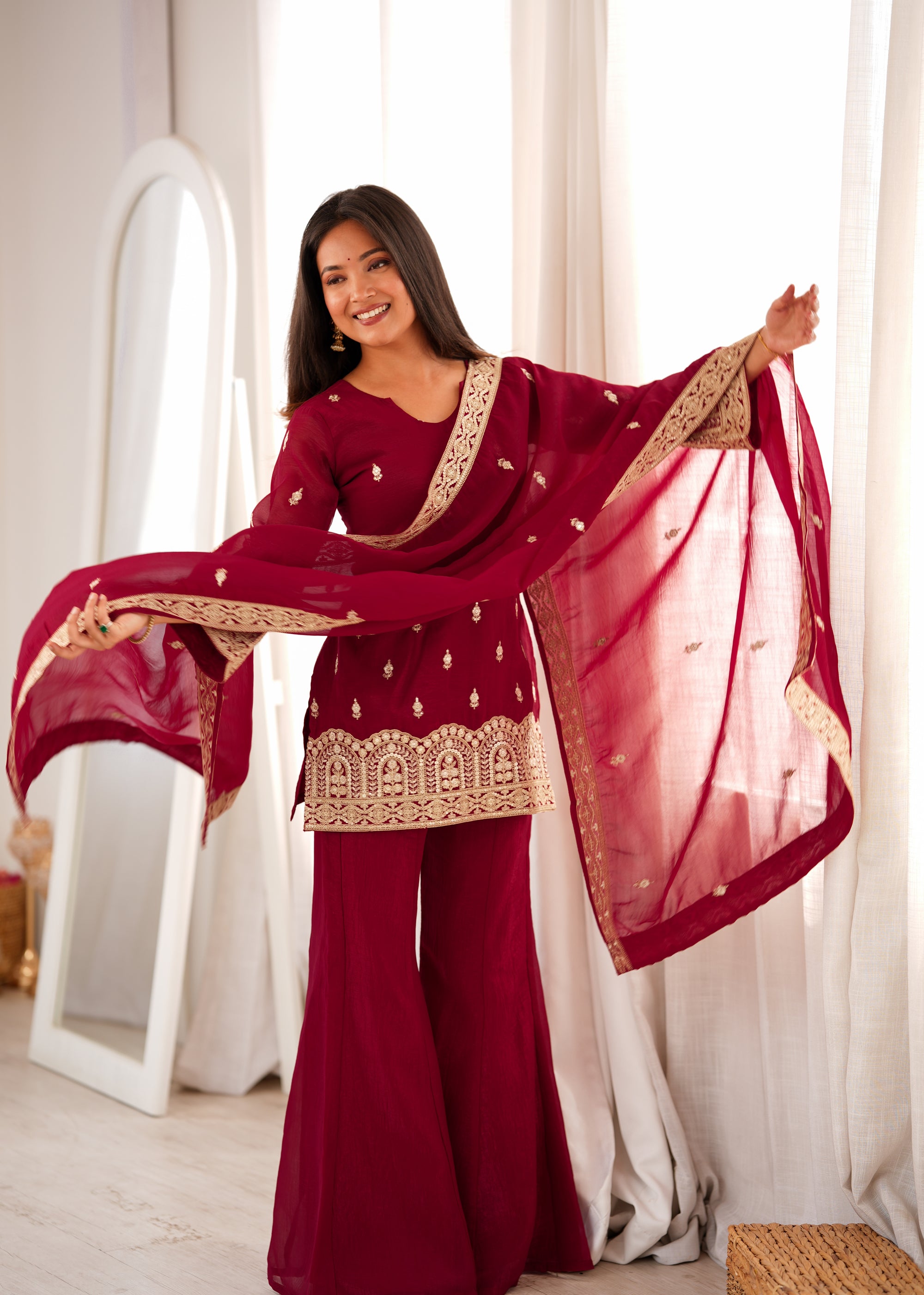Lorenvalley Fashion Maroon Crunchy Silk with Embroidery Sequence, Dori and Zari Work Kurta Bell Bottom Pants with Dupatta - Dista