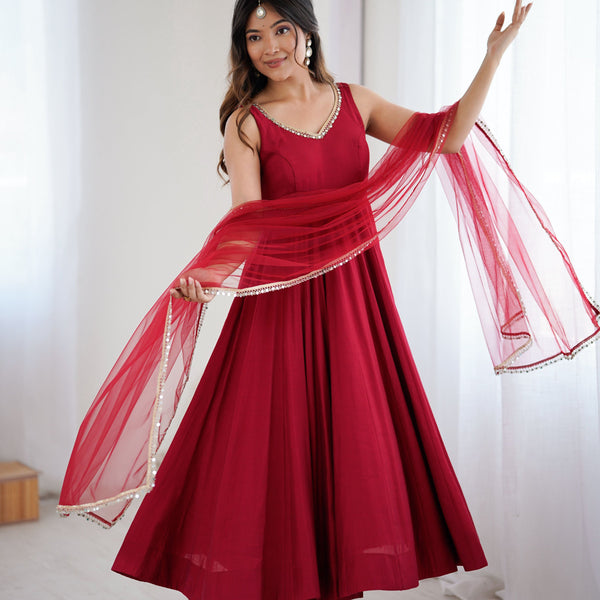 Lorenvalley Fashion Maroon Pure Romansilk Chanderi Fabric Yoke Fancy Lace Work Anarkali Kurta Pant With Dupatta Set - Distacart