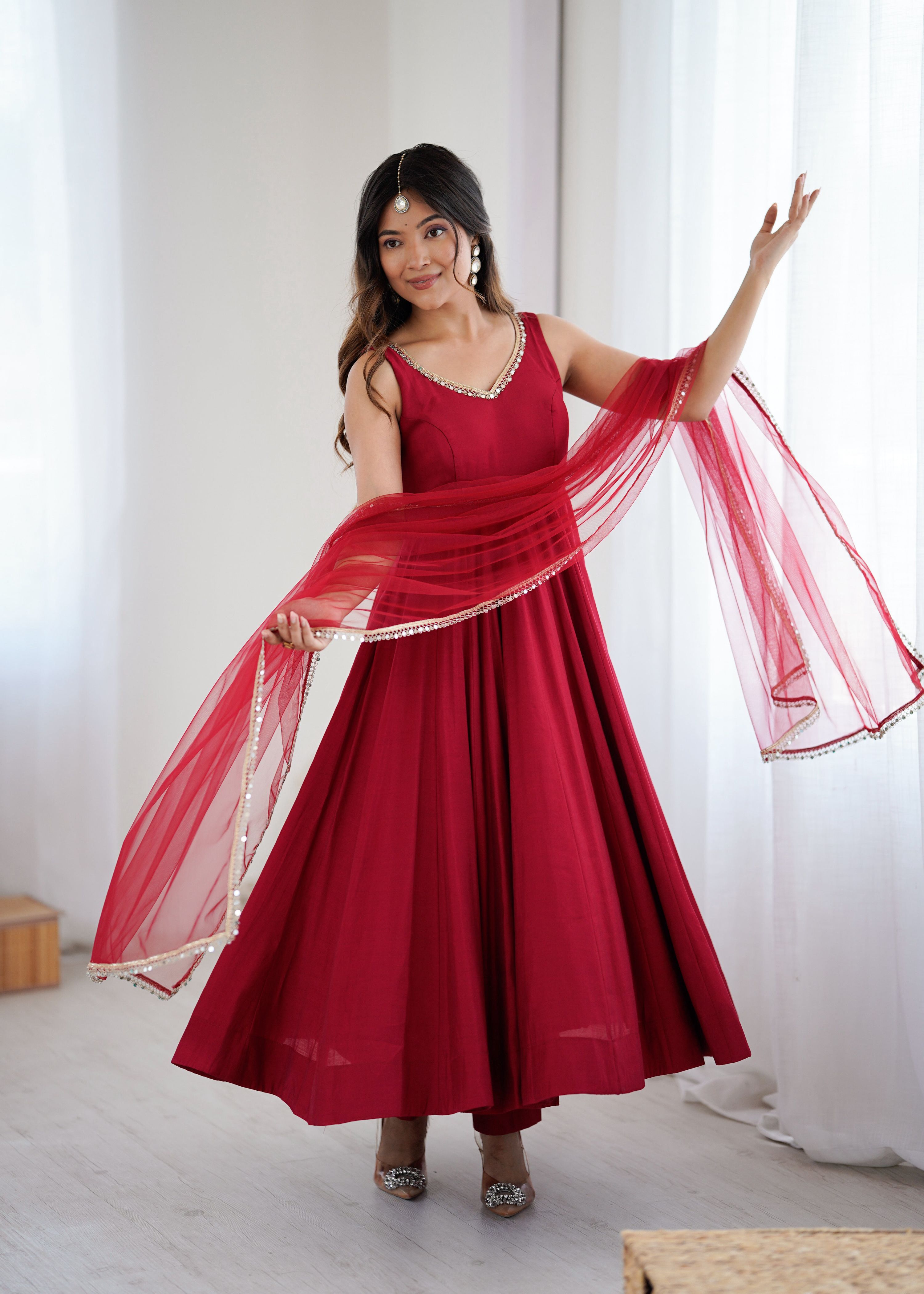 Lorenvalley Fashion Maroon Pure Romansilk Chanderi Fabric Yoke Fancy Lace Work Anarkali Kurta Pant With Dupatta Set - Distacart