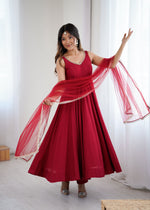 Thumbnail for Lorenvalley Fashion Maroon Pure Romansilk Chanderi Fabric Yoke Fancy Lace Work Anarkali Kurta Pant With Dupatta Set