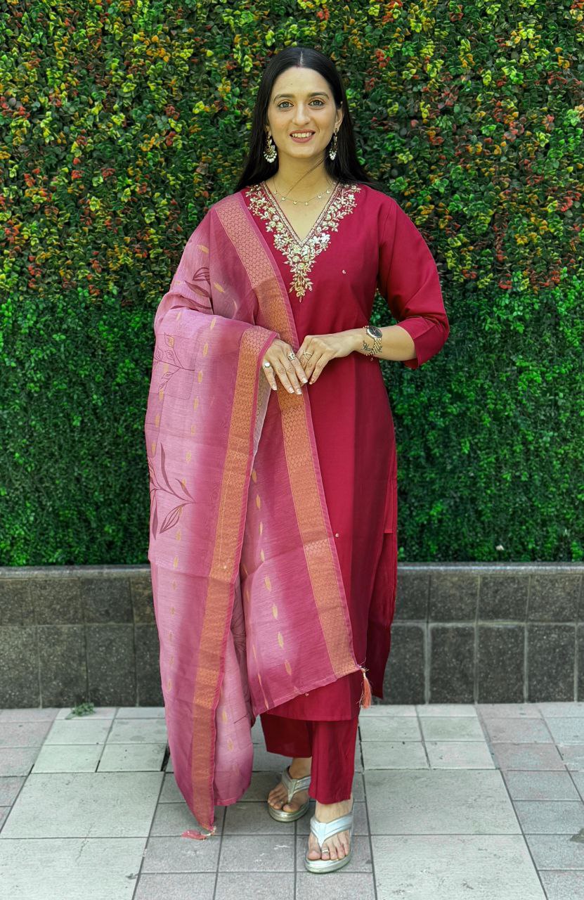 Lorenvalley Fashion Maroon Roman Silk Hand Work Kurta Pant with Dupatta