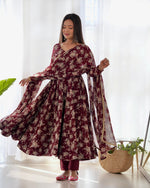 Thumbnail for Lorenvalley Pure Faux Georgette Multi Floral Print Fully Flared Anarkali Pant With Dupatta Set - Maroon - Distacart