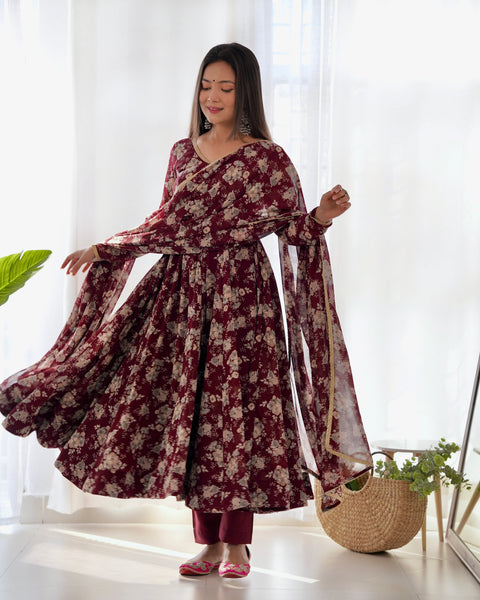 Lorenvalley Pure Faux Georgette Multi Floral Print Fully Flared Anarkali Pant With Dupatta Set - Maroon - Distacart