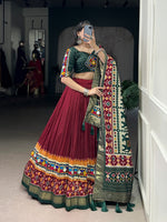 Thumbnail for Lorenvalley Fashion Maroon Tasar Silk Print with Foil Work and Real Mirror Gamthi Work with Lace Touch Up Lehenga Choli with Dupatta