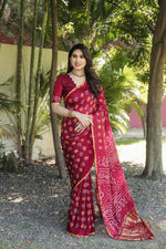 Thumbnail for Anaita Maroon Woven Design Pure Bandhej Silk Saree With Blouse - Distacart