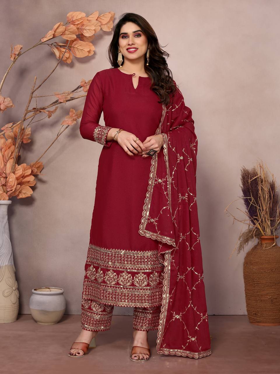 Lehenga Mart Festival maroon embroidery Ready Made kurti with pant and dupatta - Distacart