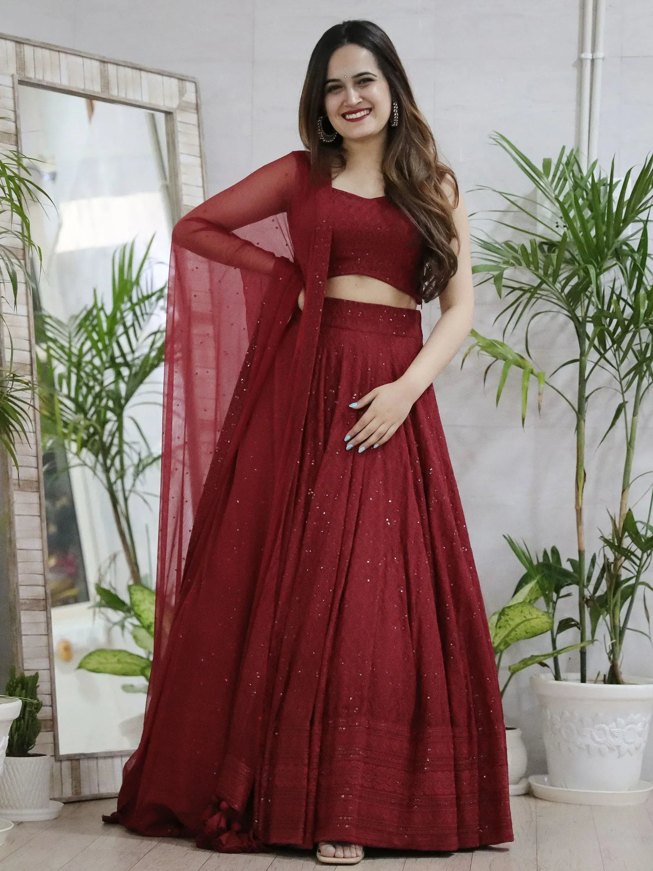 Tulsi Art Lovely Maroon Sequins Georgette Wedding Lehenga Choli With Dupatta - Dista