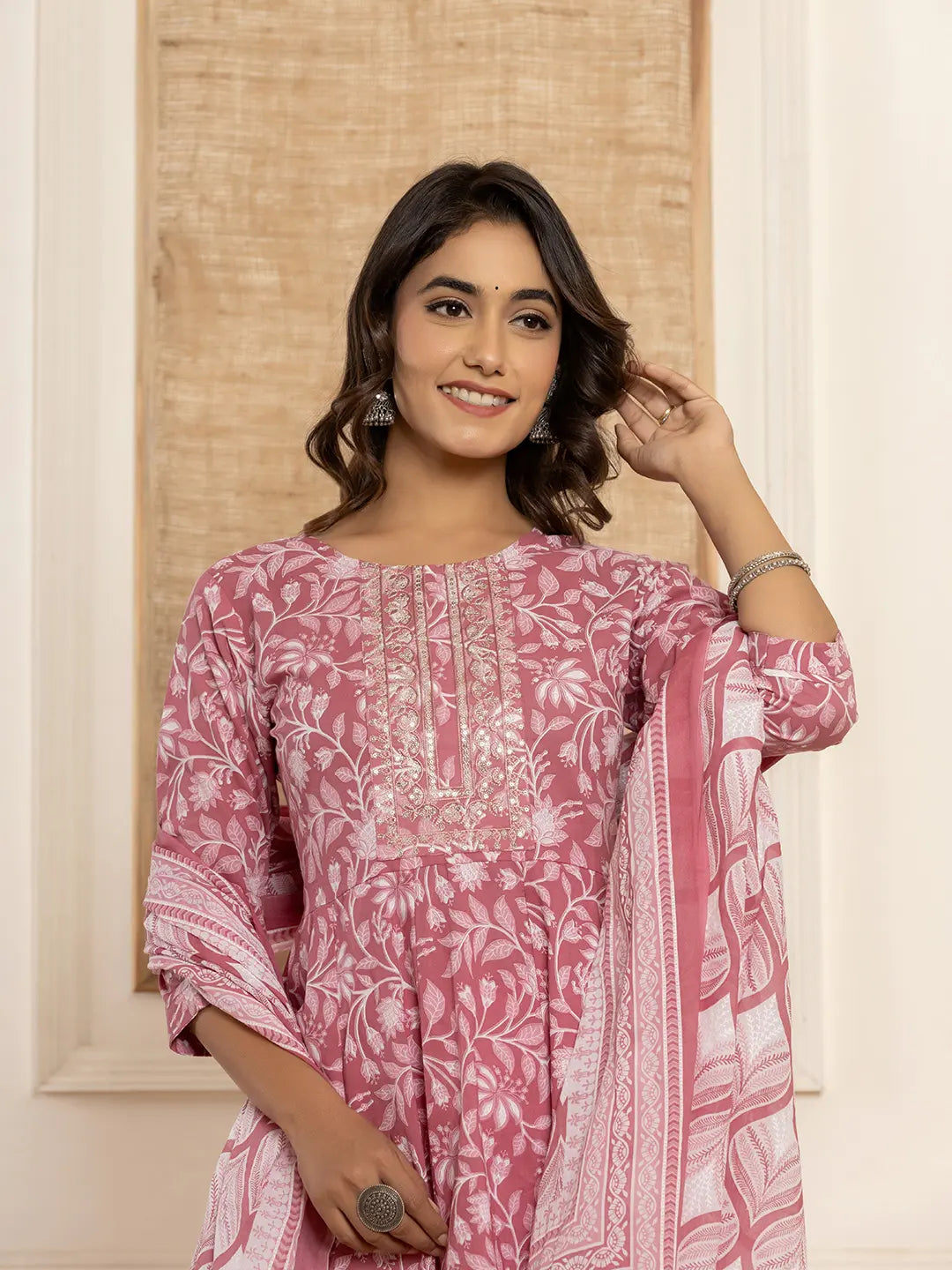Yufta Mauve Floral Print Anarkali Style Kurta And Trousers With Dupatta Set