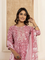 Thumbnail for Yufta Mauve Floral Print Anarkali Style Kurta And Trousers With Dupatta Set