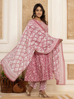 Thumbnail for Yufta Mauve Floral Print Anarkali Style Kurta And Trousers With Dupatta Set