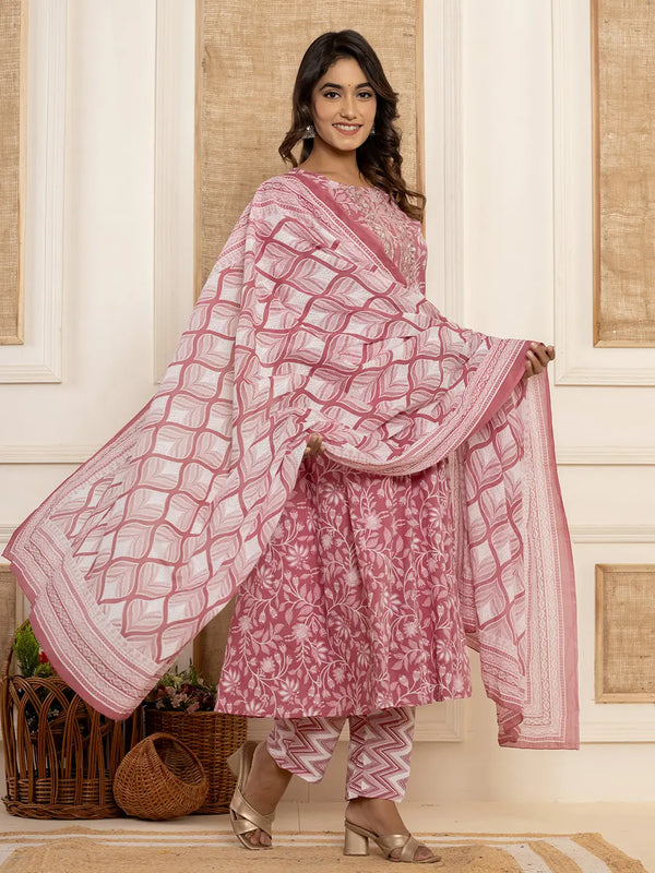 Yufta Mauve Floral Print Anarkali Style Kurta And Trousers With Dupatta Set