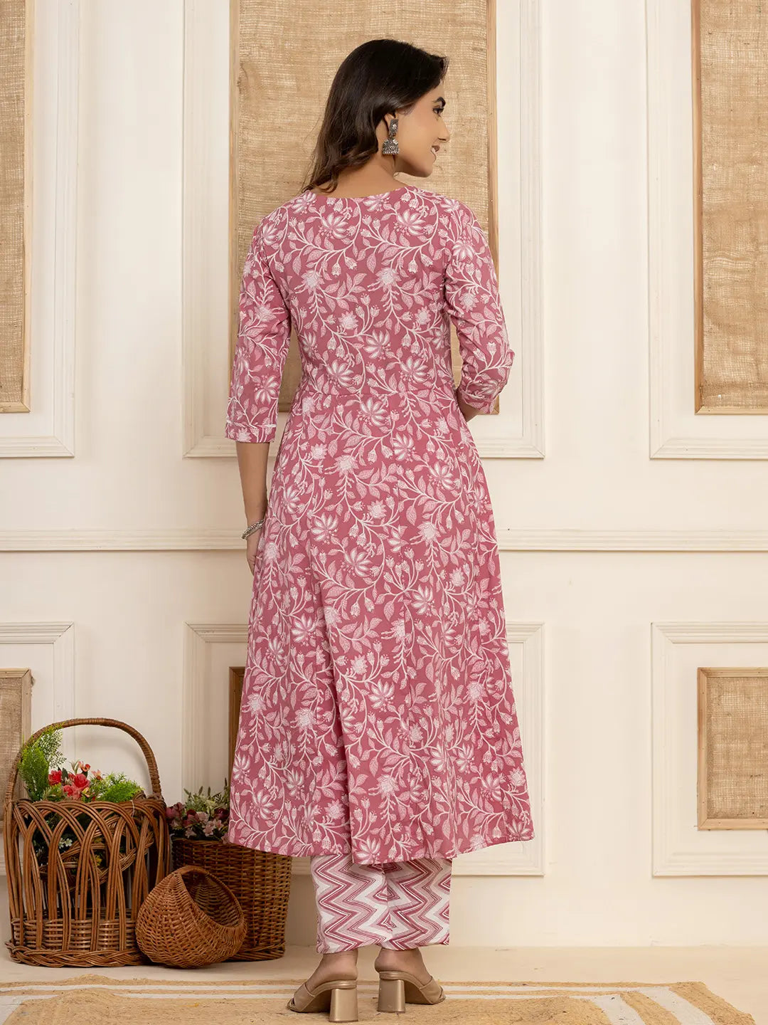 Yufta Mauve Floral Print Anarkali Style Kurta And Trousers With Dupatta Set