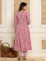 Thumbnail for Yufta Mauve Floral Print Anarkali Style Kurta And Trousers With Dupatta Set
