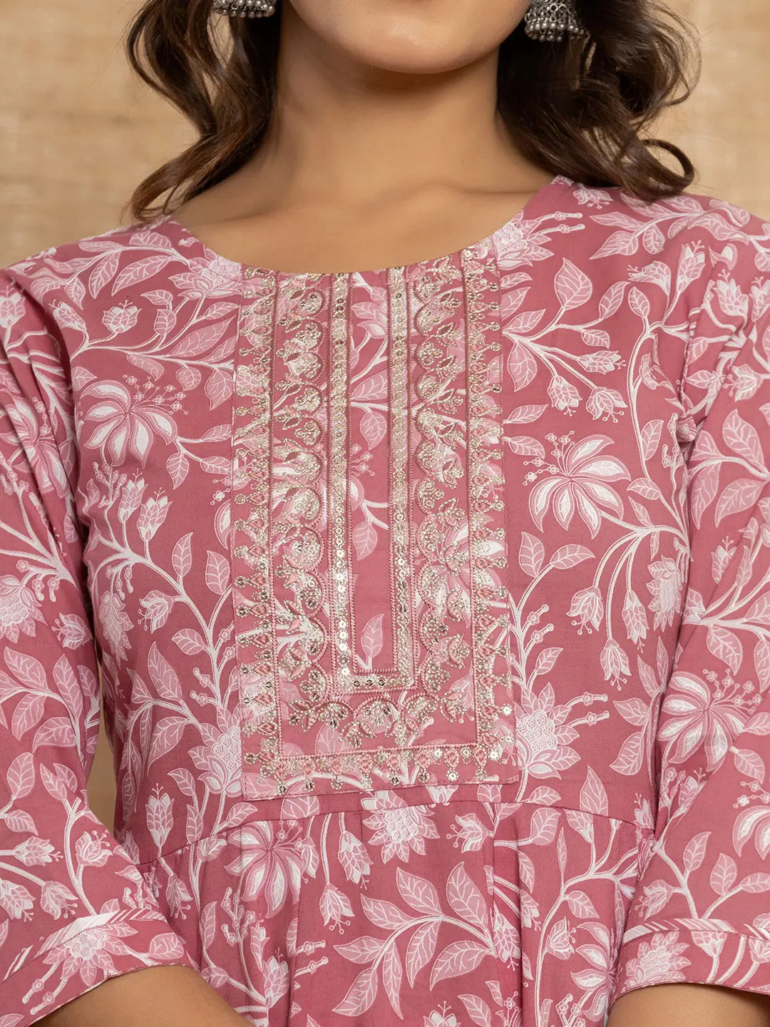 Yufta Mauve Floral Print Anarkali Style Kurta And Trousers With Dupatta Set