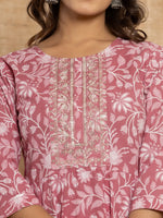 Thumbnail for Yufta Mauve Floral Print Anarkali Style Kurta And Trousers With Dupatta Set