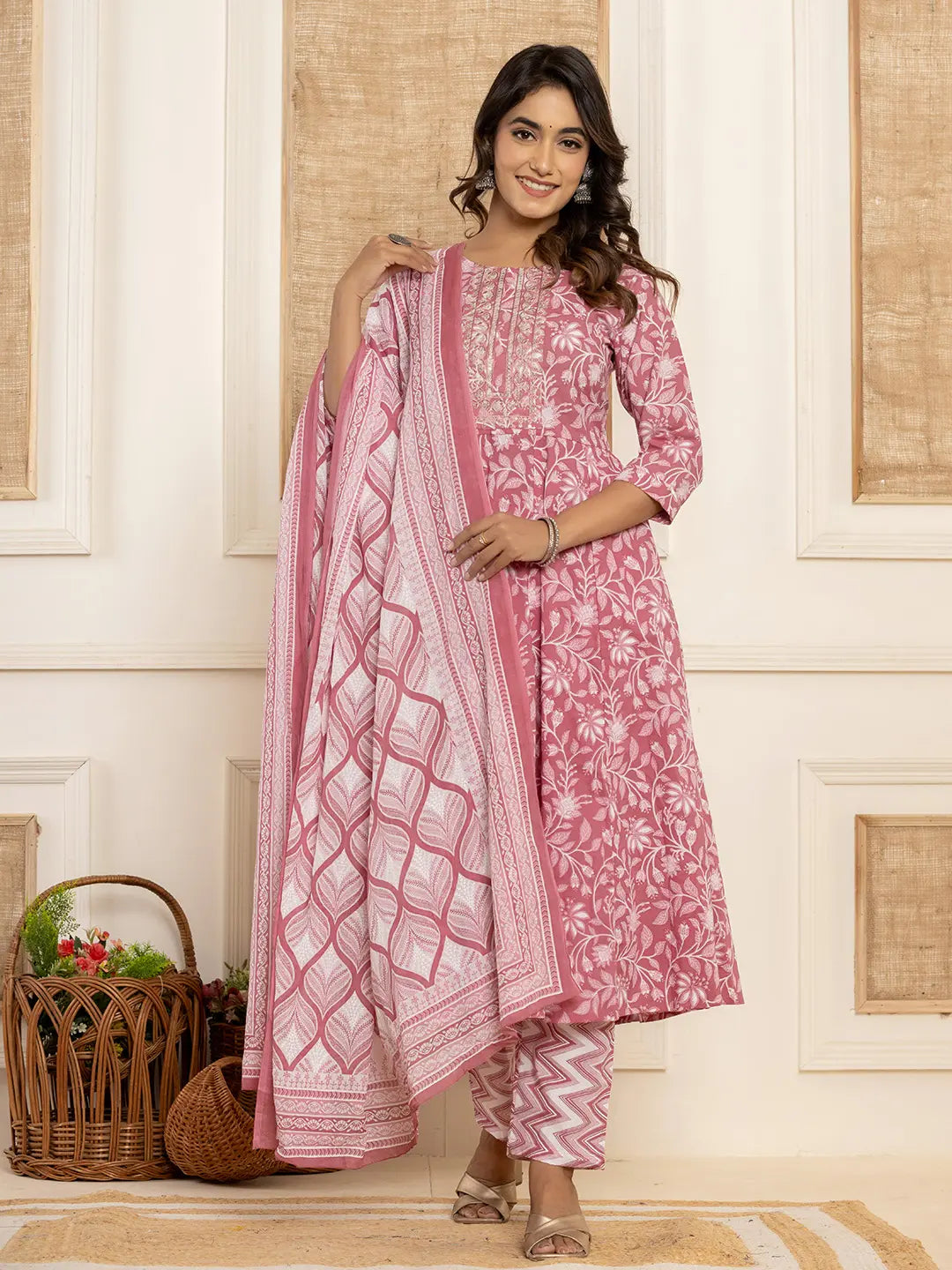 Yufta Mauve Floral Print Anarkali Style Kurta And Trousers With Dupatta Set