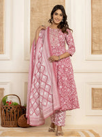 Thumbnail for Yufta Mauve Floral Print Anarkali Style Kurta And Trousers With Dupatta Set