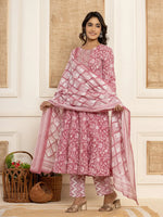 Thumbnail for Yufta Mauve Floral Print Anarkali Style Kurta And Trousers With Dupatta Set