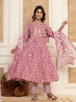 Thumbnail for Yufta Mauve Floral Print Anarkali Style Kurta And Trousers With Dupatta Set