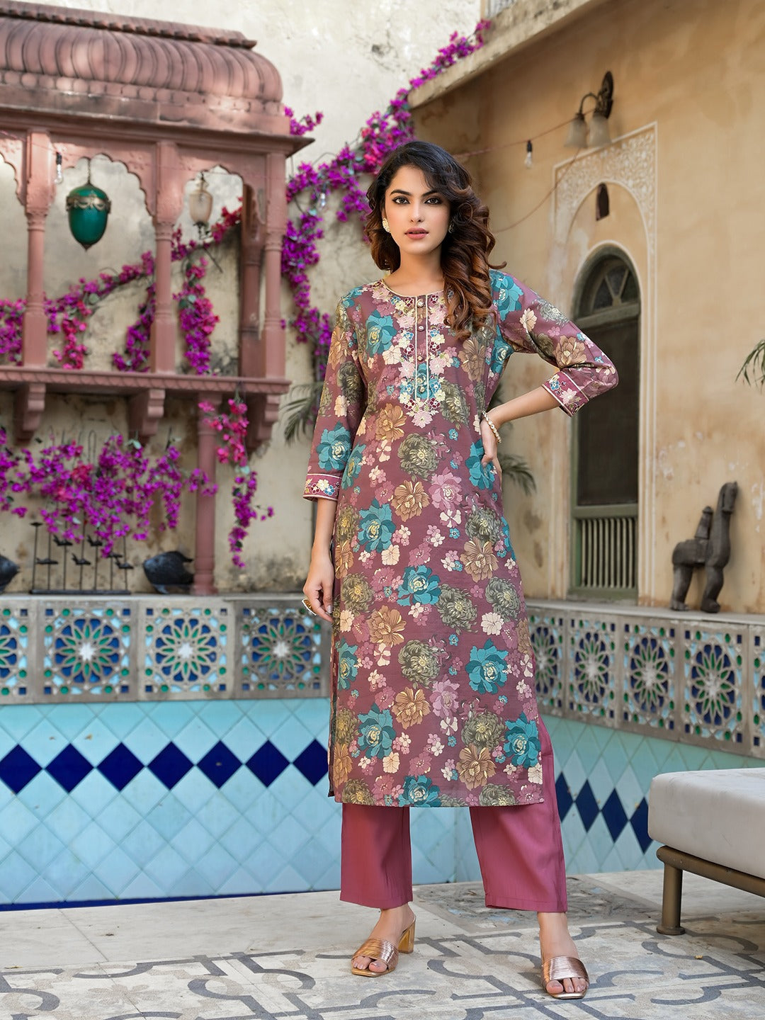 Yufta Mauve Floral,Thread_Work Kurta Trouser Set - Distacart