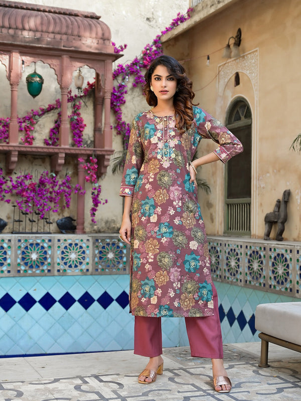 Yufta Mauve Floral,Thread_Work Kurta Trouser Set