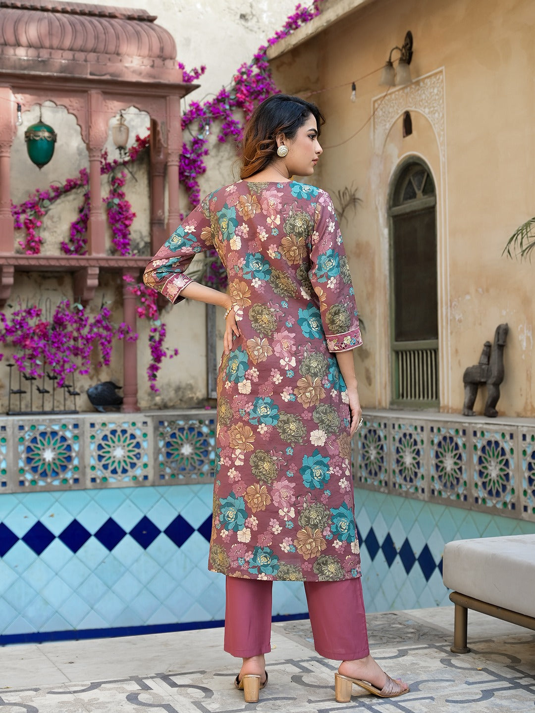 Yufta Mauve Floral,Thread_Work Kurta Trouser Set