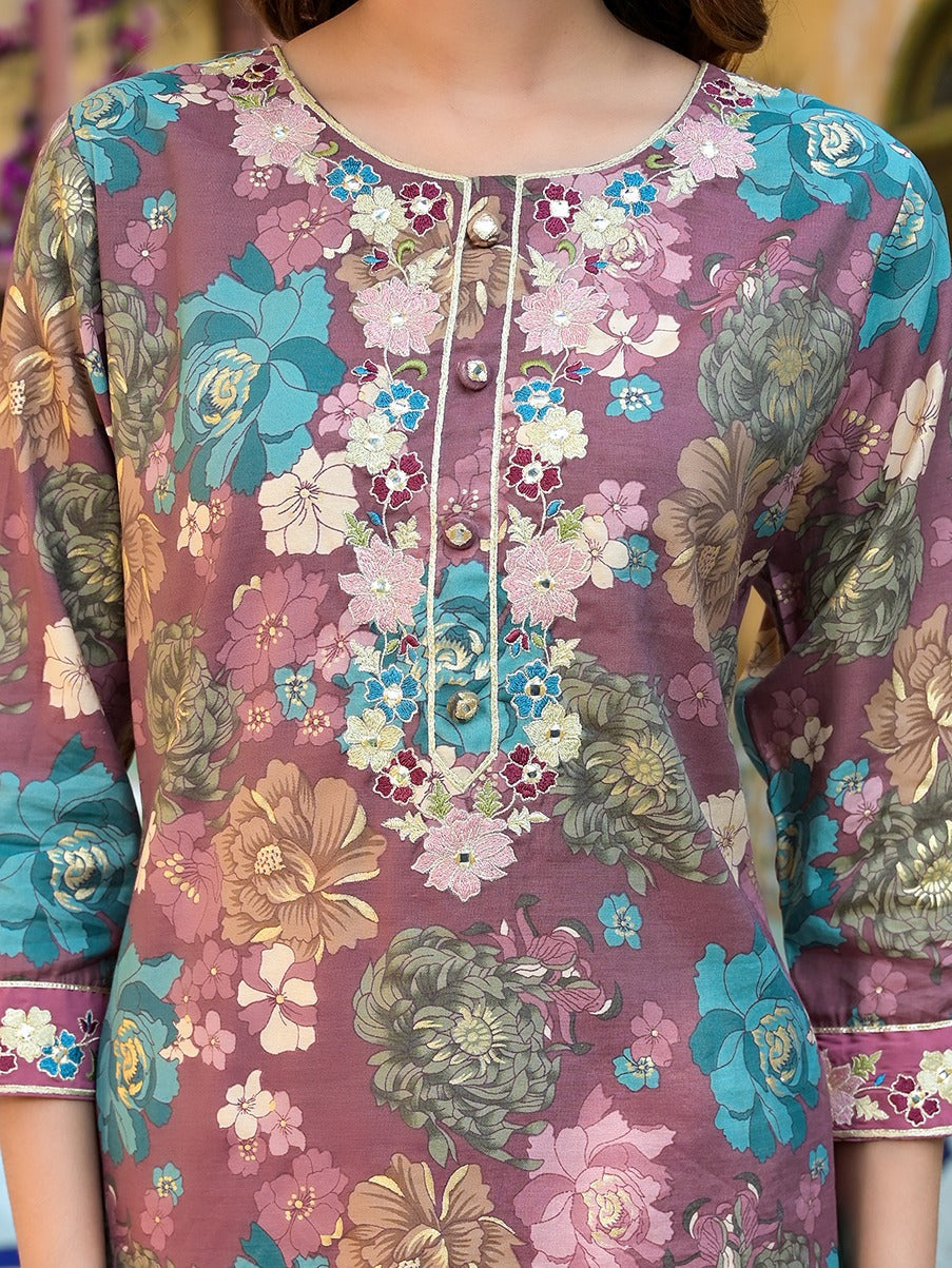 Yufta Mauve Floral,Thread_Work Kurta Trouser Set