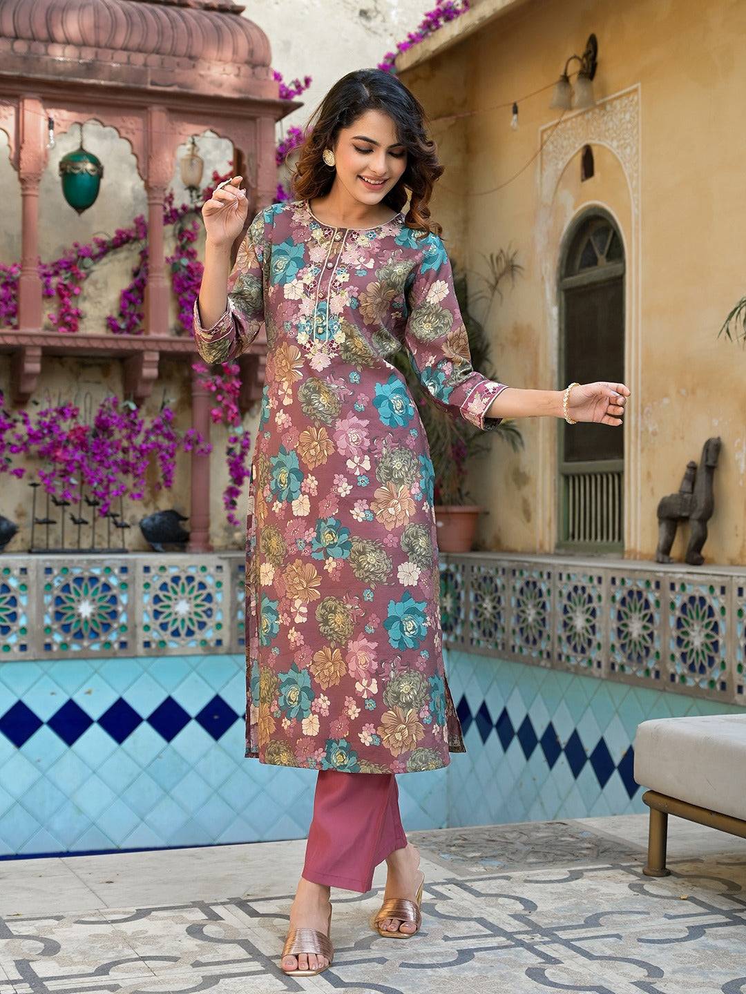 Yufta Mauve Floral,Thread_Work Kurta Trouser Set - Distacart