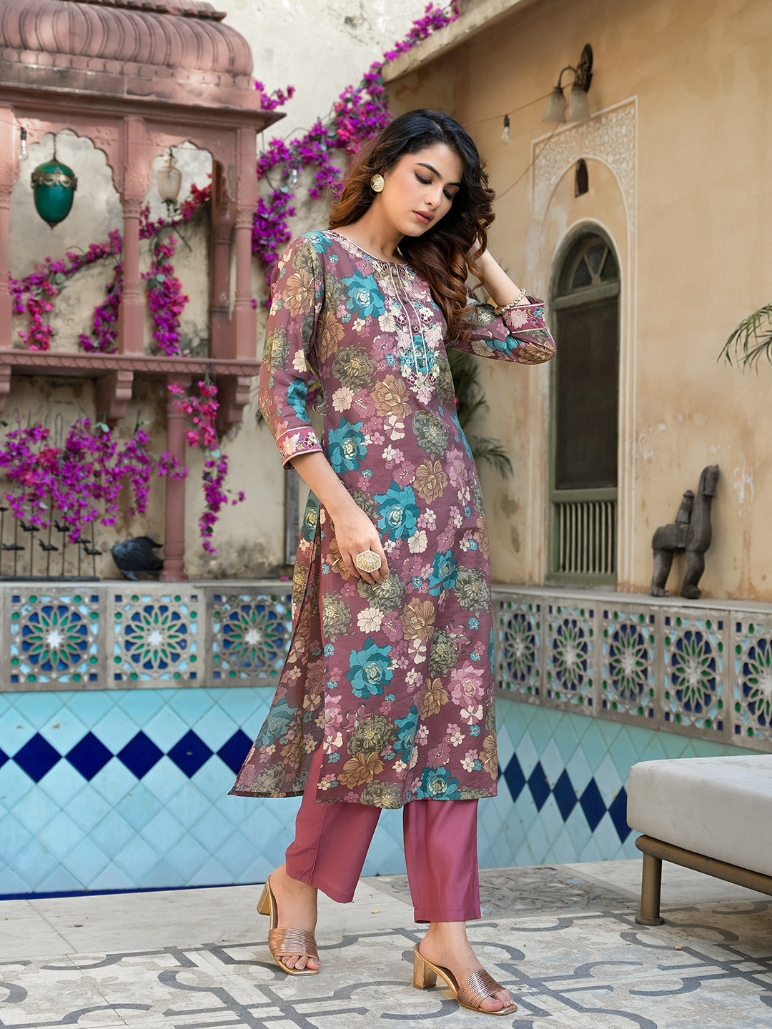 Yufta Mauve Floral,Thread_Work Kurta Trouser Set - Distacart