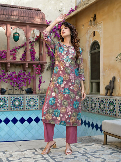 Yufta Mauve Floral,Thread_Work Kurta Trouser Set - Distacart