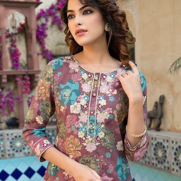 Yufta Mauve Floral,Thread_Work Kurta Trouser Set - Distacart