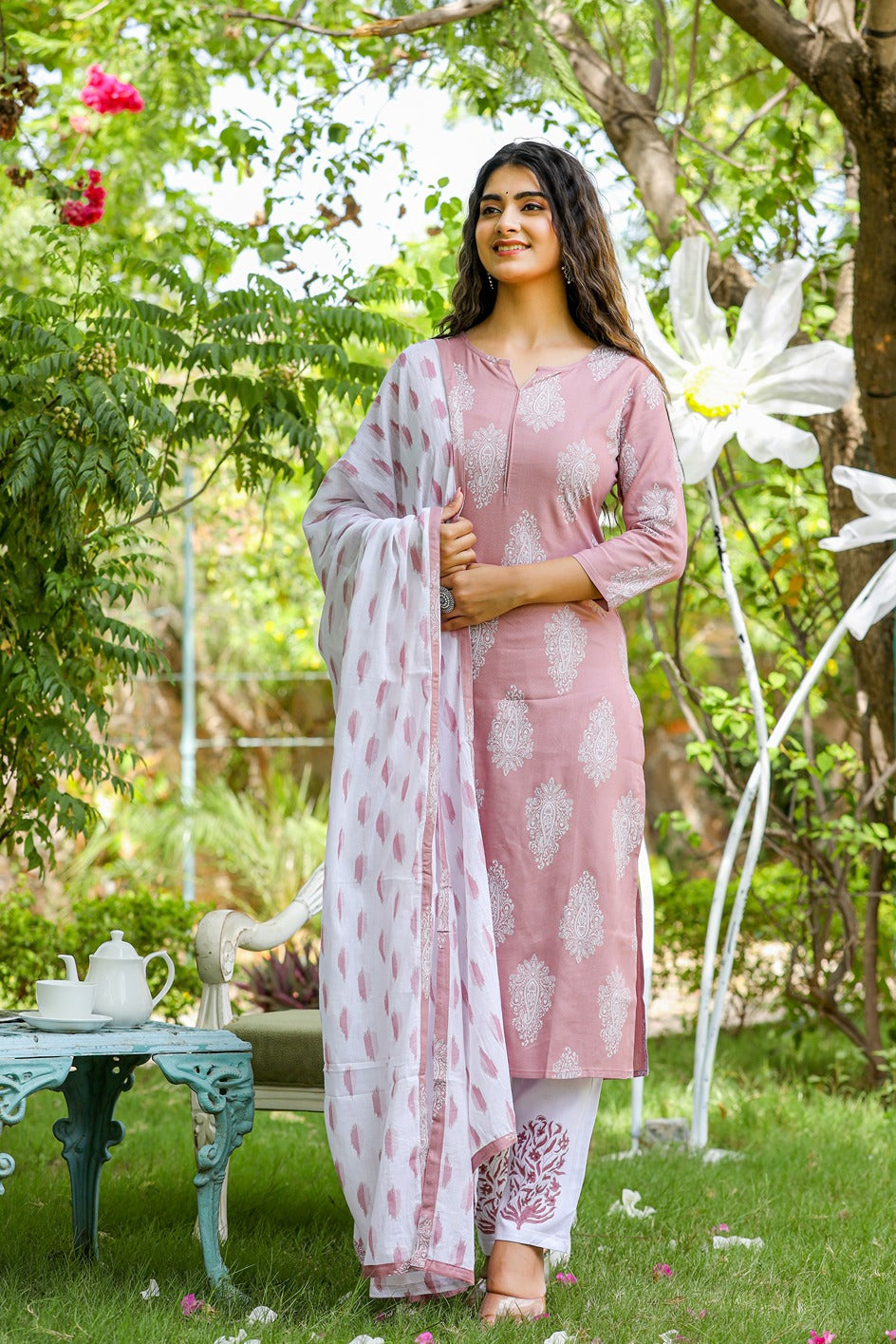 Yufta Mauve & Off White Printed Dupatta Set - Distacart