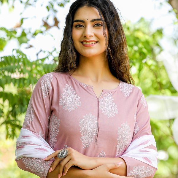 Yufta Mauve & Off White Printed Dupatta Set - Distacart