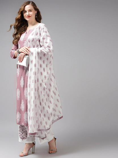 Yufta Mauve & Offwhite Printed Dupatta Set - Distacart