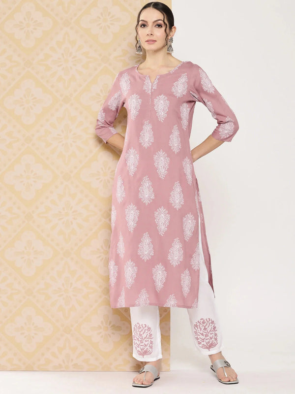Yufta Mauve Women Ethnic Motifs Printed Regular Kurta with Trousers
