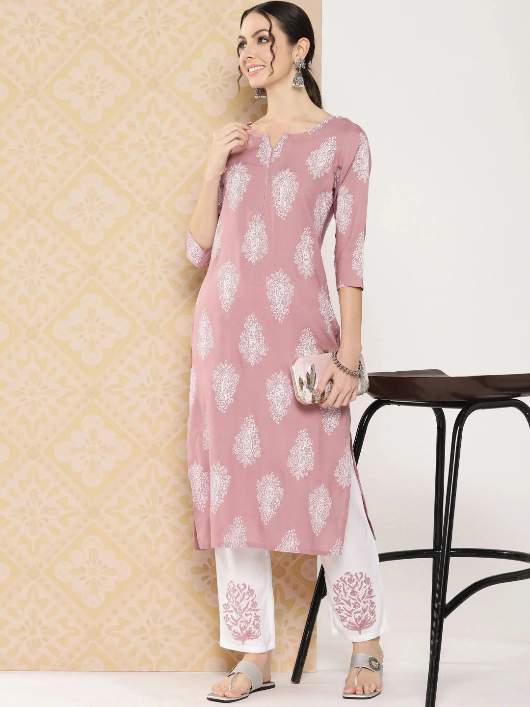 Yufta Mauve Women Ethnic Motifs Printed Regular Kurta with Trousers