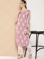Thumbnail for Yufta Mauve Women Ethnic Motifs Printed Regular Kurta with Trousers