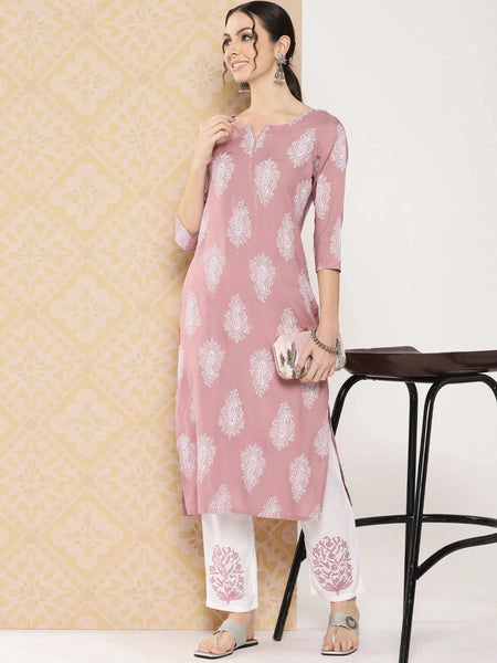 Yufta Mauve Women Ethnic Motifs Printed Regular Kurta with Trousers