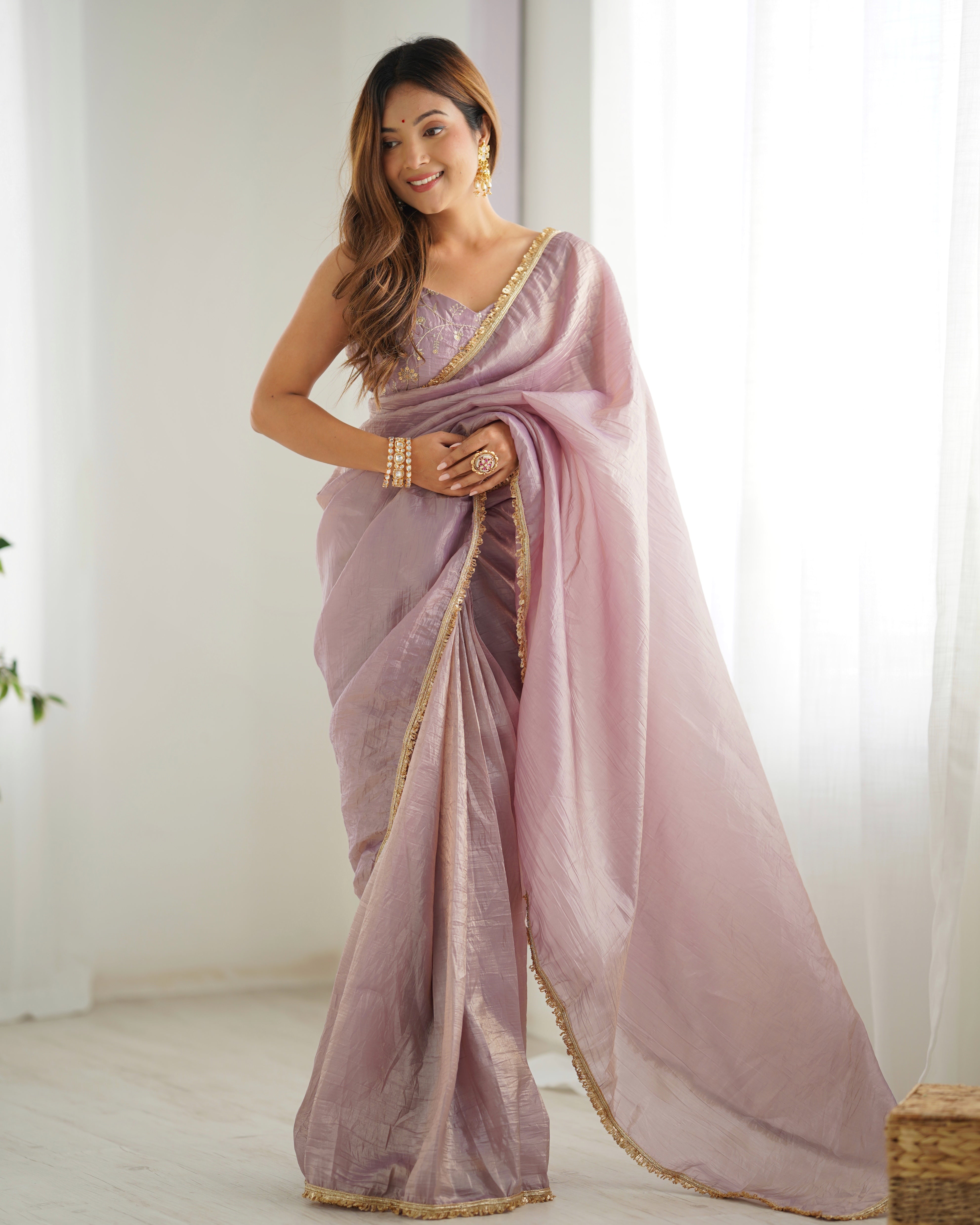 Lorenvalley Ready to wear Gold Crush Tissue Silk Fabric Fancy Boarder Premium Lace Work Predrapped Saree - Distacart