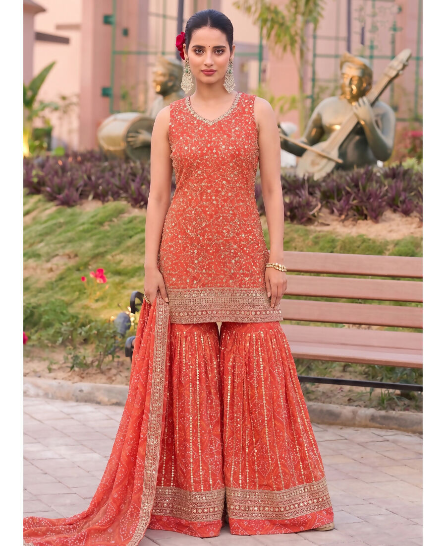 KC Orange Bandhani Printed Heavy Emrboidery Worked Sharara Suit Ethnic Wear - Dista