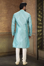 Thumbnail for Raivat Ethnic Jacquard Banarasi Silk Thread Work Kurta Pajama In Sky Blue Colour - Distacart